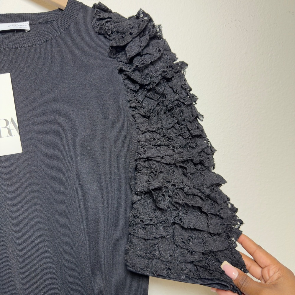 NEW Zara Women Knit Sweater Top Medium Black‎ Lace Ruffle Sleeve Old Money - Picture 5 of 9